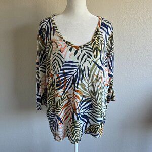 Tahari 100% Linen Top Blouse Artsy Tropical V-Neck Lightweight Plus Size 2X